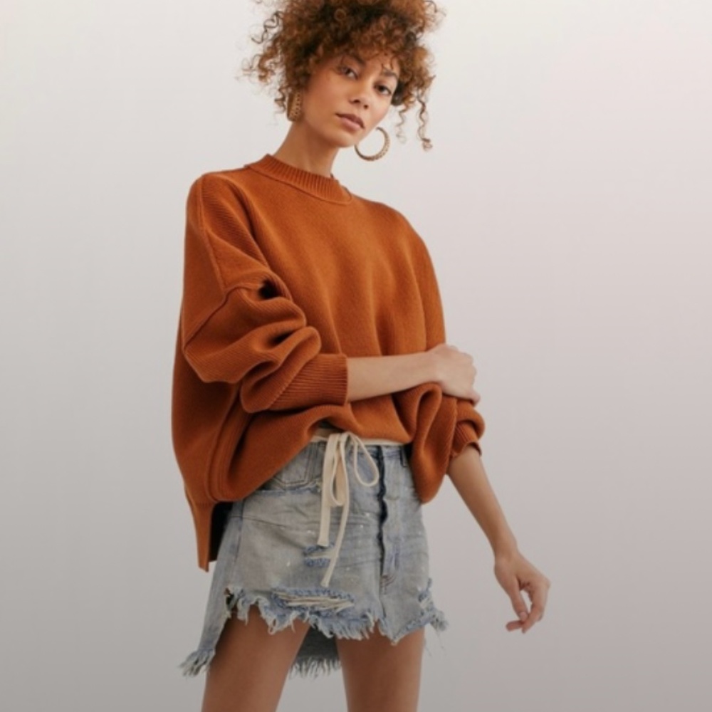 Free People Oversized Crewneck Sweater in Rust Orange